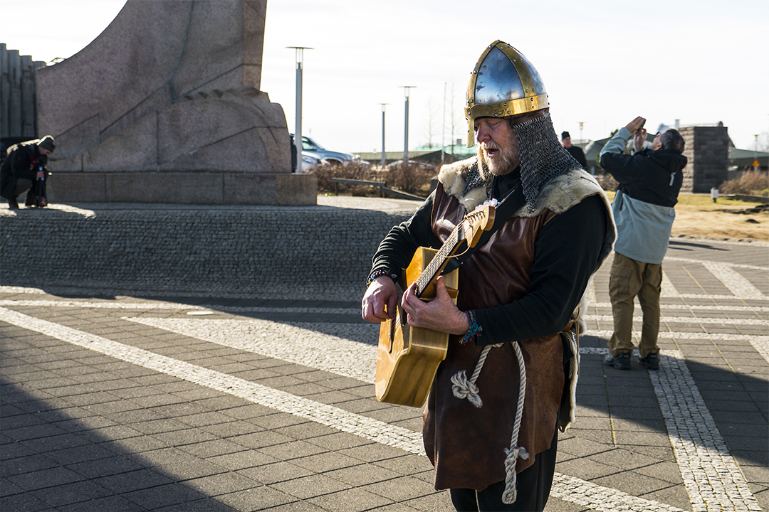 Singing Viking at Hallgrimskirkja, Iceland